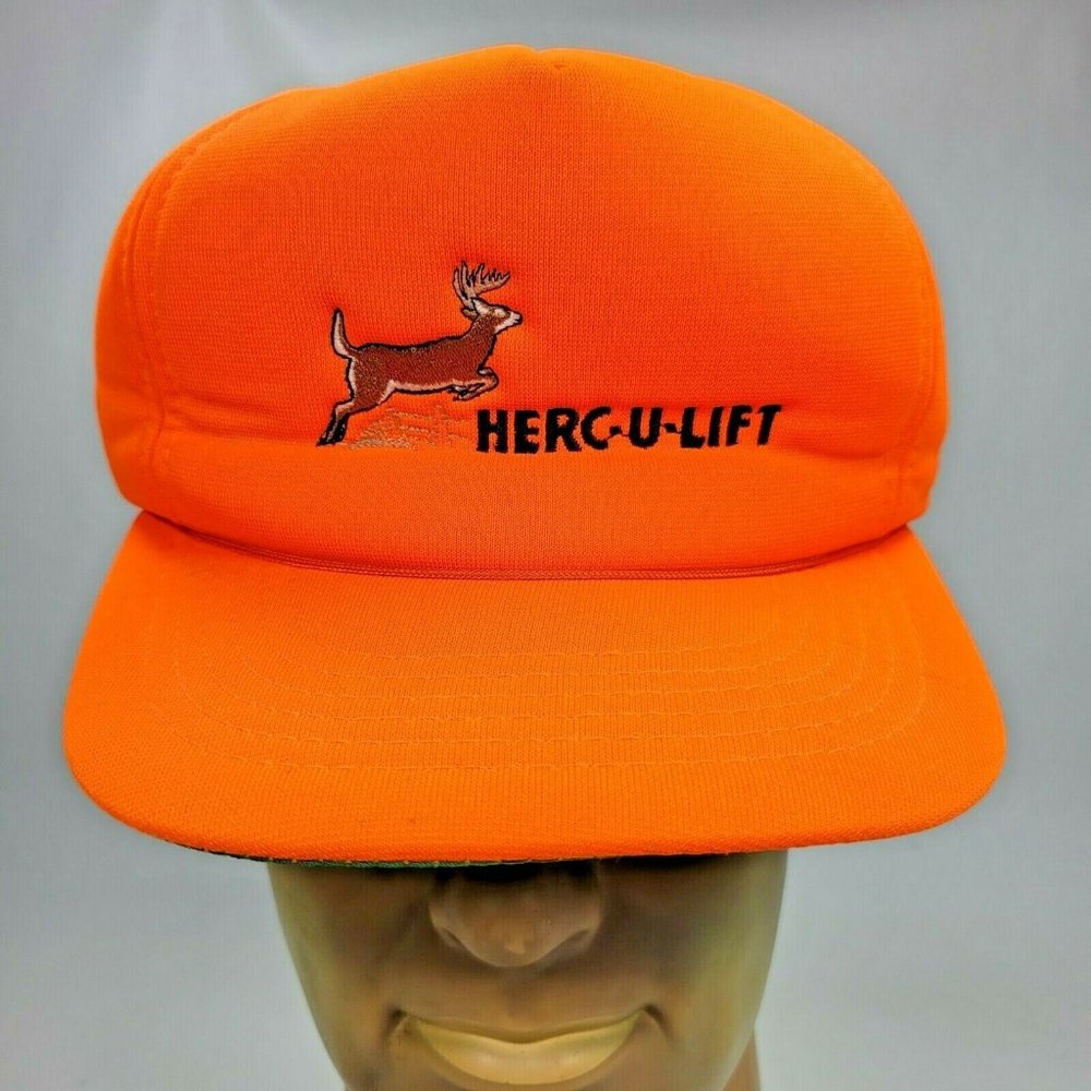 Herc-U-Lift Vintage Snap Back Foam Hat 5-Panel Blaze Orange Hunting Deer Buck YR